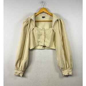 SHEIN‎ MOD Corduroy Puff Sleeve Square Neck Cropped Top Beige Size L